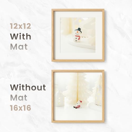 Image of 16x16 Picture Frame, USA-Sourced Natural Oak Wood Photo Collage Frame with HD Tempered Glass, Modern Simple 16 x 16 Wooden Frame Matted to 12x12, Gallery Wall Frames for Art