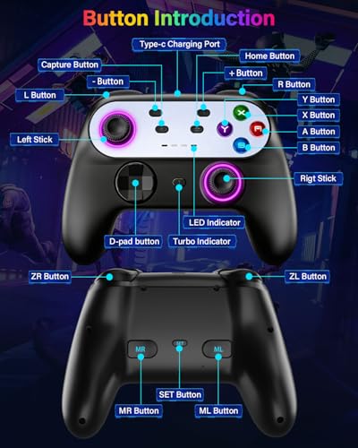 Image of Switch Controller, Wireless Controller for Nitendo Switch /Switch Lite /Switch OLED, Switch Controller Pro with LED Lights, Rechargeable Switch Remote Gamepad with 6-Axis Gyro, Vibration, Turbo