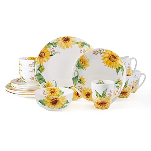 Mikasa Sunflower Bone China Lightweight Chip Resistant 16 Piece Dinnerware Set, Service for 4, Multicolor
