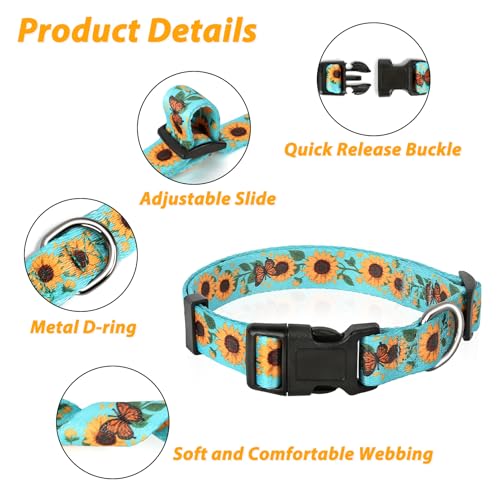 Image of HEELE Dog Collar, Adjustable Soft Dog Collar for Small Medium Large Dogs,Sunflower Floral Patterned Puppy Collars with Quick Release Buckle Sunflower Green L Length 15.94''-25.59'