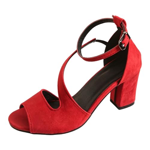 Sandales sensation daim rouge à talon carré et bout ouvert pour femme