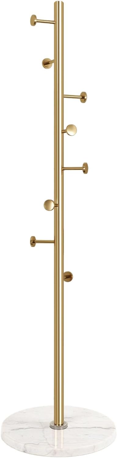 Metal Coat Rack Stand, Solid 304 Stainless Steel Coat Rack Freestanding, Pure Natural Marble Base, 8 Hooks Floor Hanger, Used In Bedroom Living Room Office To Hang Clothes, Hats, Bags 13.78"x70.47" Gold+White