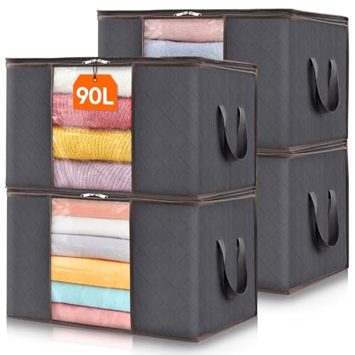 Lifewit 4 Stück 90L Aufbewahrungstasche, Aufbewahrungsbox mit Deckel, Groß Kleideraufbewahrung Umzugskartons, Faltbare Aufbewahrung Boxen für Bettdecken Kleidung Unterbett Kleiderschrank, Grau