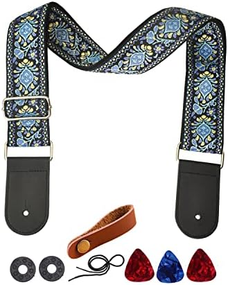 Farcaya Guitar Strap Acoustic Electric Bass Guitar Strap Jacquard Weave Cotton Adjustable Guitar Shoulder Strap with 2Strap Locks + 3Picks+ Headstock Strap Button (Blue Flower)