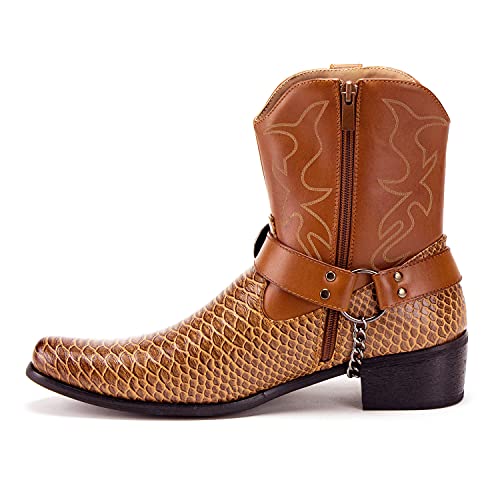 Jazame Cowboy Boots for Men Western Style Ankle High Motorcycle Riding Pointy Toe Moto Dress Boot Belt Buckle Faux Snake Skin Chain Accent4