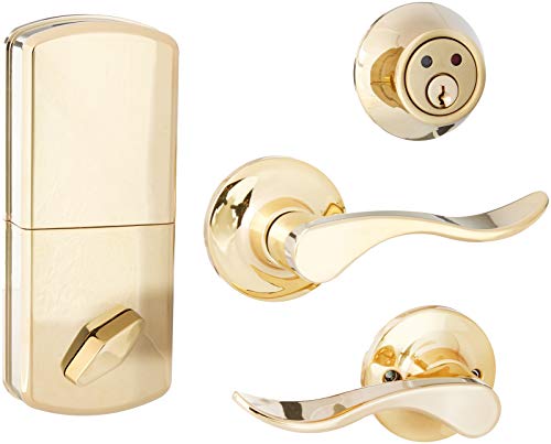 Black Friday - 70% OFF MiLocks WFL-02P Digital Deadbolt Door Lock and Passage Lever Handle Combo with Keyless Entry via Remote Control for Exterior Doors, Polished Brass