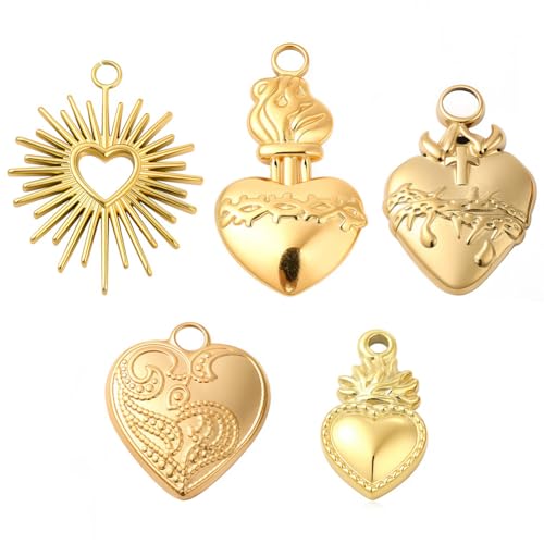 SUNNYCLUE 1 boîte 10 pièces Véritables Breloques en Acier Inoxydable Plaqué Or 18 carats Breloques Sacré Cœur Couronne D'Épines Coeurs Breloque...