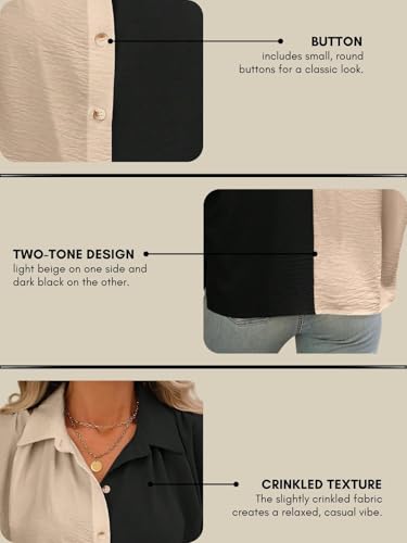 Image of GRECIILOOKS Oversized Shirt for Women | Shirt Top for Woman |Women's Color Block Button Down Blouse - Casual Loose Fit Short Sleeve Summer Shirt's Work, Vacation & Everyday Wear