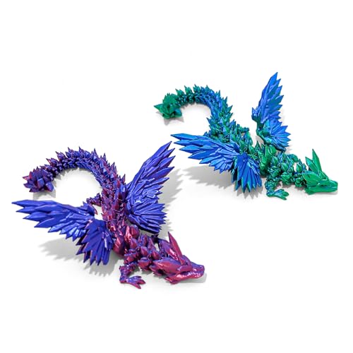 Image of 2 Pack 3D Printed Dragon with Wings - 9 inch Flying Dragon, Flexible Articulated Winged Toy, Office Desk Toy, Home Decor, Easter Basket Stuffers (Purple+Green Blue)