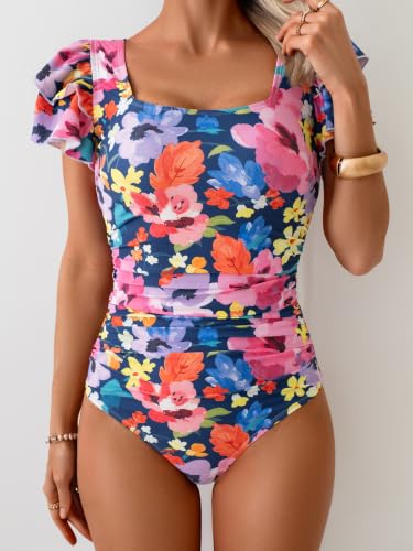 Image of Eomenie Women's Tummy Control One Piece Swimsuit Ruffle Square Neck Bathing Suit Ruched Cutout Back Slimming Swimwear