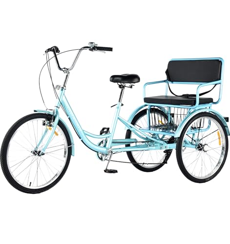 DONGSHAN Adult Tricycle 7 Speed 24 Inch 3 Wheel Bikes with Child seat-Rear Baskets for Women-Men-Seniors Picnic Exercise Shopping, Trike for Adults 550lb (Blue, Tricycle)