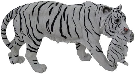 White Bengal Tiger Walking Carrying Cub in Mouth, Sculpture Decoration, 12-inch