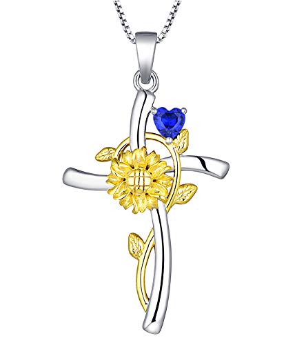 YL Cross Necklace 925 Sterling Silver Rose Flower Crucifix Pendant Birthstone Criss Jewelry for Women