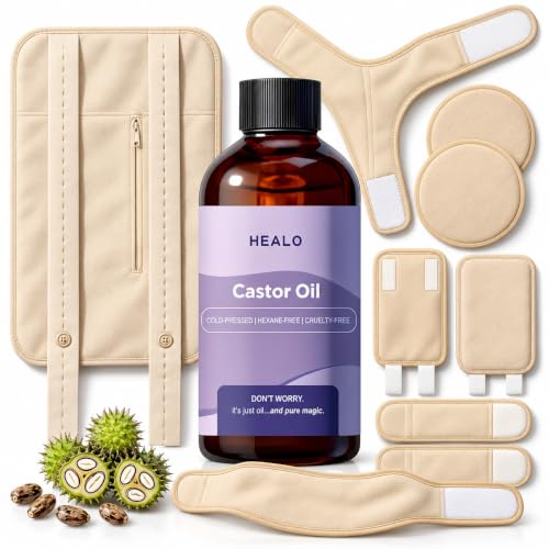 Healo Castor Oil Pack Wrap Kit, Castor Oil 4.23 oz with Reusable Body Wraps, Adjustable Elastic Straps, Multi-Area Castor Oil Pack Set for Abdomen and Neck,9-Wrap Kit
