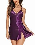 Avidlove Satin Sleepwear Sexy Lingerie Cami Nightgown Slip Silk Lace Short Chemise Purple XX-Large