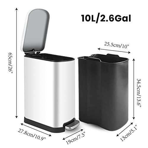Hompus 2.6 Gallon/10 Liter Small Bathroom Trash Can With Lid Soft Close, Removable Inner Waste Basket, Rectangular Slim Garbage Can For Bedroom Office Dorm Room, Narrow Step Trash Bin, White #TOP2