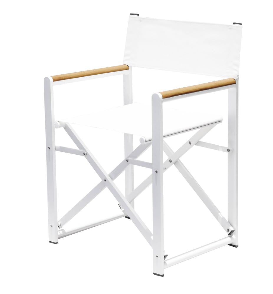 VERDELOOK | Poltroncina Regista Luxury Bianca 56x49 H81 cm, Sedia Pieghevole da Giardino in Alluminio con Braccioli Effetto Legno e Seduta in Textilene, Portata 120 kg