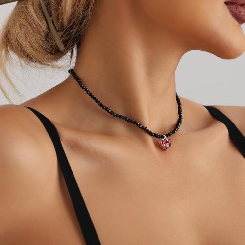 Octwine Vintage Black Crystals Choker Necklaces Trendy Retro Beads Round Chunky Short Simple Red Love Pendant Necklace Dainty Chunky Halloween Black Choker Necklaces for Women4