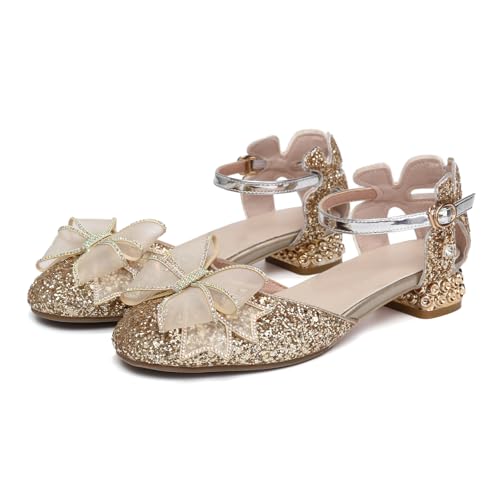 Girls Sparkle Dance Shoes Dress Pumps Glitter Sequins Princess Low Heels Bows Mary Jane Party Dance Shoes Rhinestone Sandals, Model DS-24642