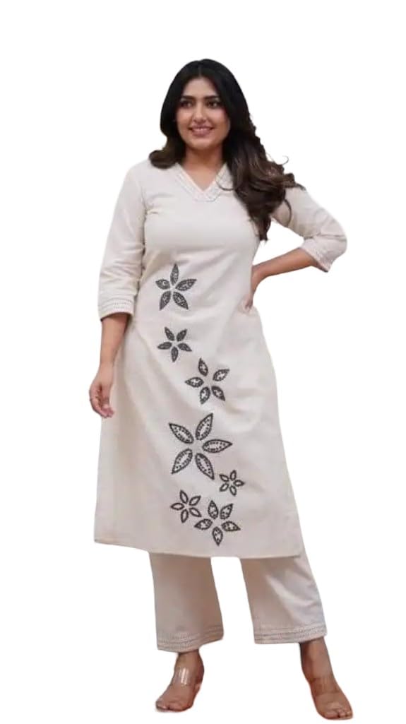 Women's Cotton Kurta with Palazzo Set, Off-White, Floral Embroidery, 3/4 Sleeves, V-Neck