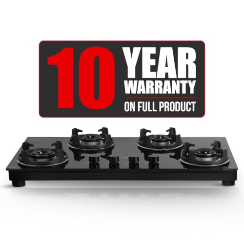 BLOWHOT Premium Hybrid Gas Stove 4 Burners Auto-Ignition, 8mm Thick Glass Cooktop - SABAF Tech. | DOORSTEP SERVICE + 10 Yr General Warranty | Jumbo Br