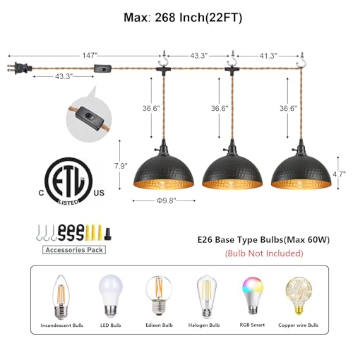Image of 3 Light Plug in Pendant Lights Hammered Dome Hanging Lamp with Switch 22 Ft Long Hemp Rope Farmhouse Pndant Light Cord Lighting Fixture DIY Hanging Light