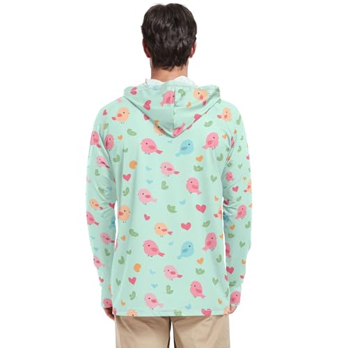 Wudan Happy Valentine's Cartoon Bird Green Mens Hoodies Shirts Long Sleeve Sailing Shirts UPF 50 + Beach Shirt S3