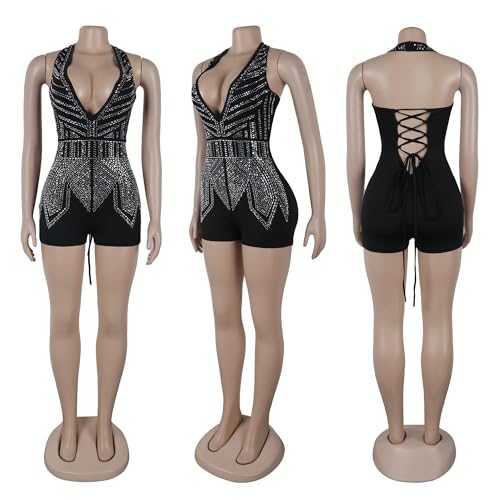 Image of Jigfar Women Sexy Embellished Rhinestone Bodycon Jumpsuit Mesh See Through Patchwork Birthday Party Night Out Clubwear