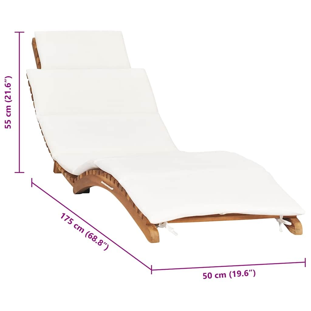 Lettino prendisole pieghevole in legno massello di teak con cuscino bianco crema, schienale e pediera regolabili, ideale per giardino, terrazza, balcone, piscina