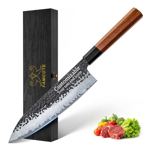Image of FAMCUTE 8'' Engraved Custom Japanese Knife, Hand-Forged Chef Knife with 5-Layer 9CR18MOV Steel and Non-Slip Rosewood Handle Kitchen Knife, Christmas Gift for People Who Love to Cook in Sandalwood Box
