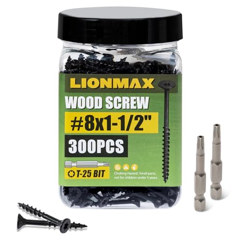 Image of LIONMAX Deck Screws 1-1 /2 Inch, Wood Screws #8 x 1-1 /2 inch, 300 PCS, Rust Resistant, Exterior Epoxy Coated, Outdoor Decking Screws, Torx /Star Drive Head Screw, T25 Star Bit Included, Black