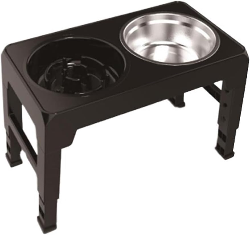 Dog Feeder Bowls Adjustable Raised Stand with Double Stainless Steel Water Small Medium Large Dogs(Slow Food Bowl Black)