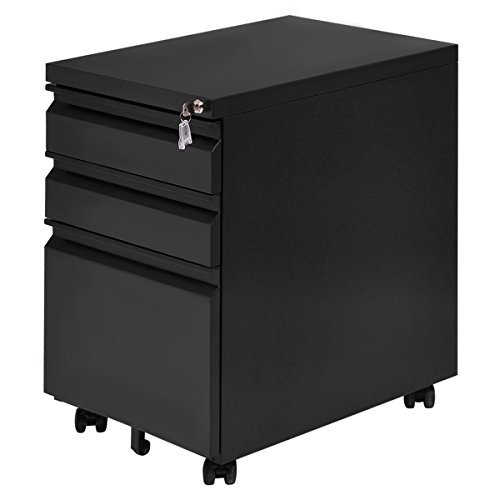 Giantex Rolling Mobile File W/3 Lockable Drawers and Pedestal for Office Study Room Home Steel Storage Cabinet