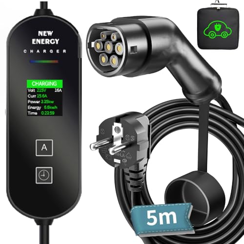 LCLCTEK Cable de Carga Tipo 2 Enchufe Schuko 3,68kW [5m, 8A-16A], Cargador EV para Coche eléctrico con Pantalla Digital LED, Cable de Carga wallbox móvil Enchufe schuko Tipo 2 para Coche, Cargador EV