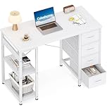 Coleshome Small Computer Desk with Drawers, 100x40cm Office Desk with Storage Shelves, Reversible Study Table for Home Office, Small Space, White