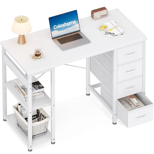 Coleshome Escritorio Pequeño Con 4 Cajones De Tela, 100x40cm Escritorio Con Con Estantes Reversible, Mesa Ordenador Mesa De Estudio Para Oficina, Dormitorio, Blanco