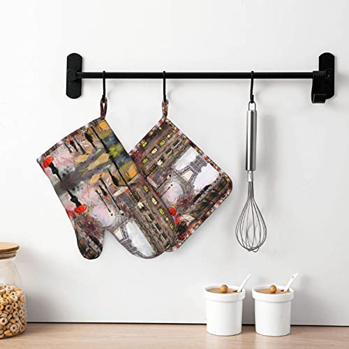 Rainy Street In Paris Printed Oven Mitts And Pot Holders Sets Non-Slip Anti-Scalding Glove Mitt For Cooking Kitchen Mitt Potholders 2 Piece Set #TOP6