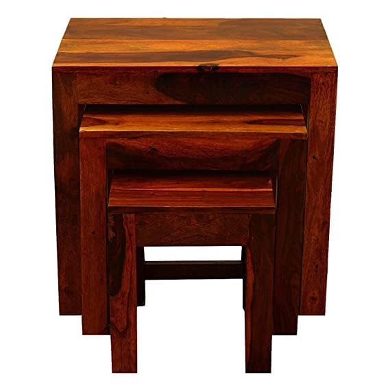 Image of Sheesham Wood Nesting Table Set of 3 Stools for Living Room (Natural Teak Finish)