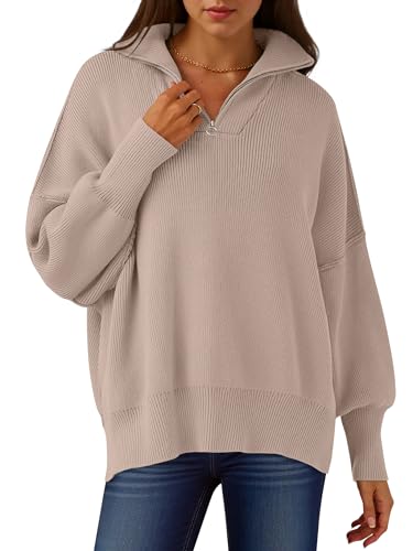 Image of ANRABESS Womens Oversized Quarter Zip Pullover Sweaters | Fall Fashion Outfits, Long Sleeve Slit Side, Baggy Loose Fit, 1 /4 Zip Lapel Collared, Ribbed Knit Soft Warm Winter Clothing