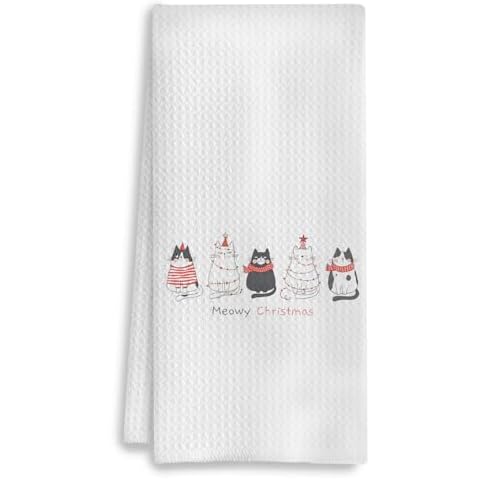 COWEB Christmas Cat Kitchen Towels, Cat Christmas Decor Hand Towels for Bathroom, Cat Gifts for Cat Lovers, Cat Dish Towels Tea Towels for Kitchen, Christmas Kitchen Bathroom Decor, 16x24 Inches Cover