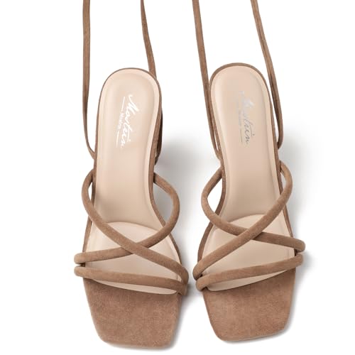 Image of Mostrin Womens Sandals Strappy Heels for Women Lace Up Square Open Toe Heels Tie Up High Heeled Sandals for Prom, Party, Daily Wear