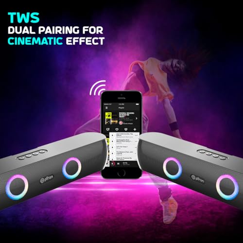 Image of pTron Fusion Beam V2 16W Bluetooth Soundbar Speaker, Stereo Sound, RGB Lights, Metal Grill, Soundbar for Phone /TV /Laptop /Tablets, BT5.3 /Aux /TF Card /USB Playback & TWS Feature (Midnight)