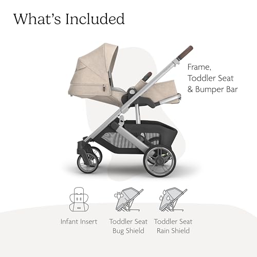 Image of UPPAbaby Cruz V3 Stroller - from Birth + Car Seat Compatible - Full-Size, Reversible Seat - Infant Insert, Bug and Rain Shields Included - Declan (Oat Melange /Silver Frame /Chestnut Leather)