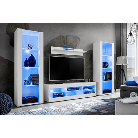 Komodee Ensembles de Meubles Tivoli Grande, Blanc Blanc, Largeur 250cm x Hauteur 159cm x Profondeur 35cm, LED Bleues Cover