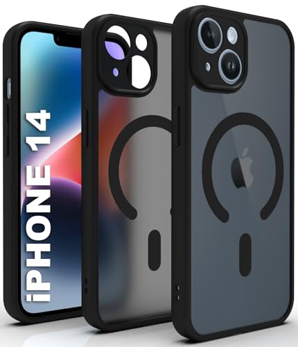 Image of RIGGEAR Shockproof Sleek Hybrid Armor Upgraded C-Shaped Magnetic Back Cover Case Compatible with MagSafe Accessories for iPhone 14 (Smoke Black Matte PC + Black TPU Bumper)