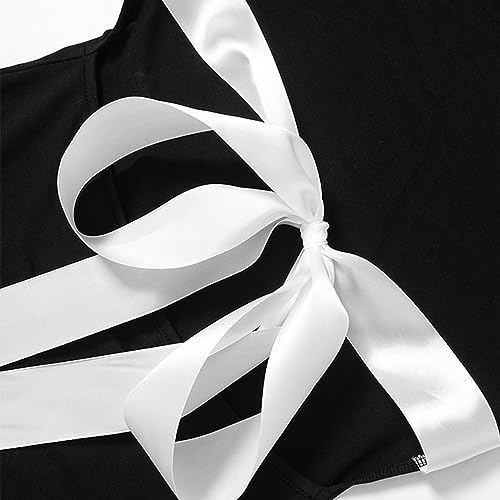 Women Sexy Open Back Mini Dress Long Sleeve Boat Neck Tie Up Bow Backless Bodycon Short Dress Club Party (Bow Black, S) - Thumbnail 6