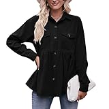 ERTUPE Womens Corduroy Shirts Casual Long Sleeve Button Down Blouses Tunic Babydoll Dress Loose Pocket Jacket Shackets Black