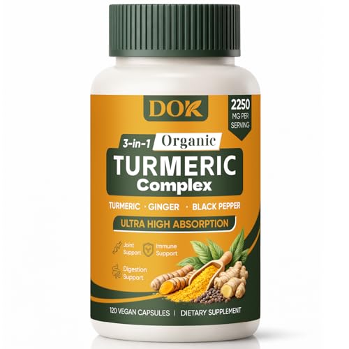 Turmeric Organic 3-in-1 Complex Turmeric Curcumin Supplement with Black Pepper & Ginger 2250mg Daily Support Vegan Non-GMO 120 Count (A)