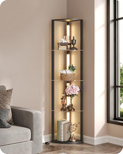 GOEBLESON Lampadaire sur pied avec Étagères en Verre, Étagère d’Angle pour Salon，20W LED Lampe sur Pied Réglable, Barre Lumineuse Pivotant à 360°,...