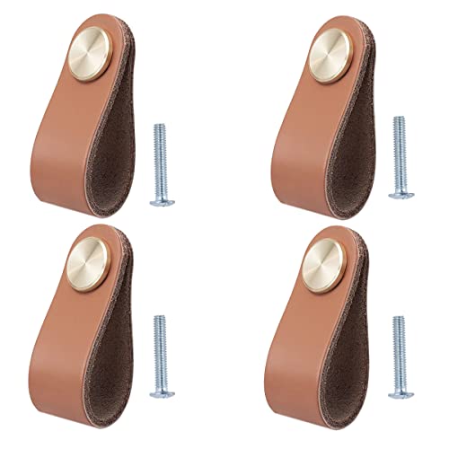 BOOLSFMAM 4 Stück Ledergriffe für Möbel,6.4 x 2.5 cm Handgemachte Griff Möbelknöpfe Leder Möbelgriffe,Schrank knöpfe,Schrankknöpfe für Küchenschränke, Kleiderschrank